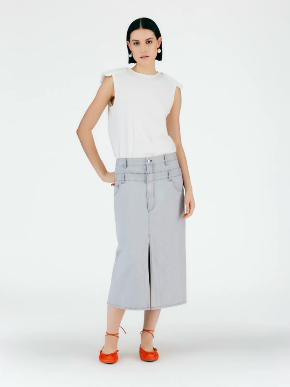 Tibi | Grey Denim Double Waisted Denim Skirt | Size 27